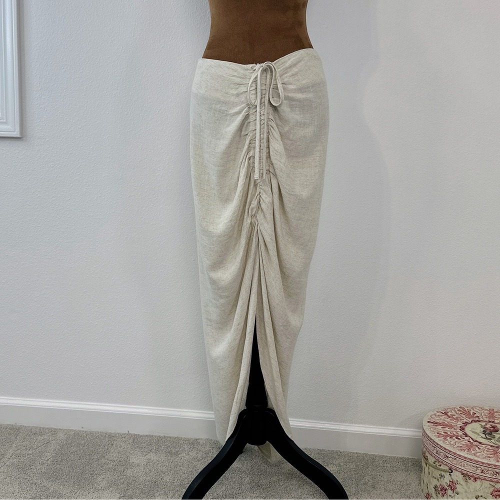Mable‎ Linen Blend Maxi Skirt Womens Medium Oatmeal Ruched Tulip Front